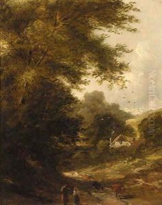 Drovers with cattle on a wooded path