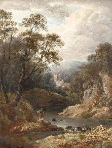 A figure on a riverbank with a church beyond