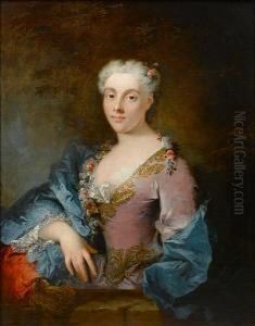 Portrait Of A Lady, Half-length,
In A Lilacsilk Dress With Lace Trim And A Blue Silk Wrap, Flowers In
Her Hairand A Garland Around Her Shoulders by Robert Tournieres
