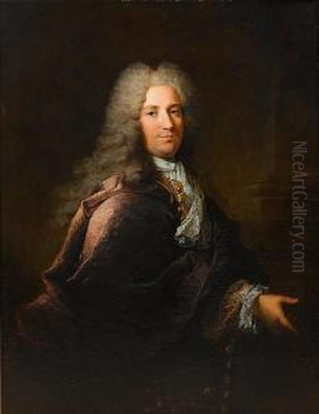 Portrait Of A Gentleman,
Three-quarter-length,in A Purple Coat And A Blue And Gold Brocade
Waistcoat, Standingbefore A Column - view 1