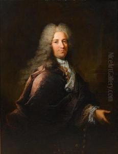 Portrait Of A Gentleman, 
Three-quarter-length,in A Purple Coat And A Blue And Gold Brocade 
Waistcoat, Standingbefore A Column