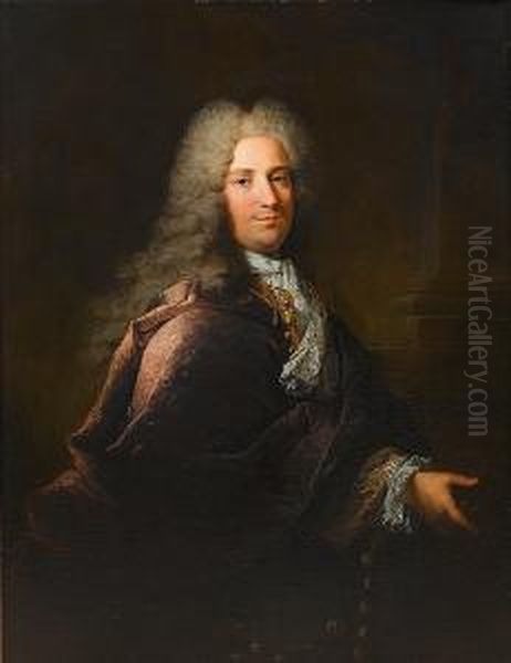 Portrait Of A Gentleman,
Three-quarter-length, In A Purple Coat And A Blue And Gold Brocade
Waistcoat, Standing Before A Column - view 1