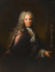 Portrait Of A Gentleman, 
Three-quarter-length, In A Purple Coat And A Blue And Gold Brocade 
Waistcoat, Standing Before A Column