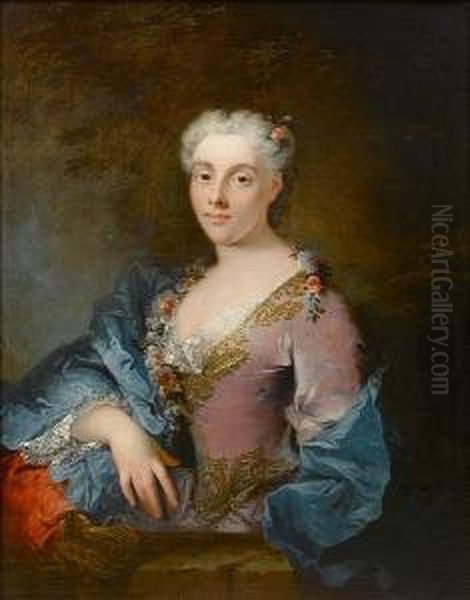 Portrait Of A Lady, Half-length,
In A Lilac Silk Dress With Lace Trim And A Blue Silk Wrap, Flowers In
Her Hair And A Garland Around Her Shoulders - view 1