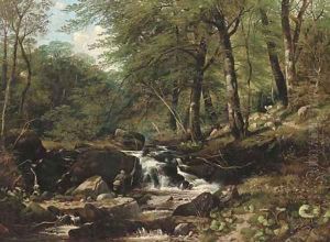 An angler in a wooded landscape