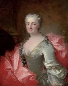 Portrait Of A Lady Said To Be 
Duchesse De Chateauroux, Seated, Half-length, In A Lace Trim Dress With A
 Red Silk Wrap, Flowers In Her Hair And A Garland Of Flowers Around Her 
Neck
