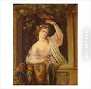 Portrait De Jeune Femme Jouant Avec Son Perroquet Dans L'embrasure D'une Fenetre by Robert Tournieres