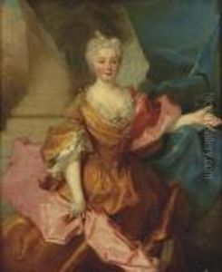 Portrait Of A Lady, Standing Three-quarter Length, In A Golden Silkdress And Rose Shawl by Robert Tournieres