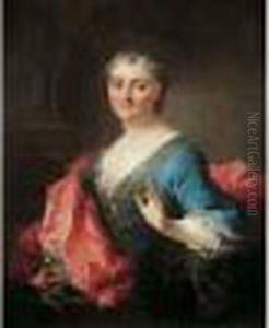 Portrait De Jeune Femme A La Robe Bleue Et A La Draperie Rose