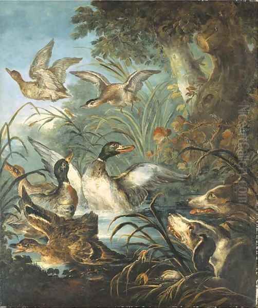 Hounds putting up duck from a river - view 1