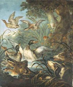 Hounds putting up duck from a river by Angelo Maria Crivelli, Il Crivellone