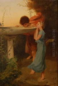 Oil On Panel, 2 Youngchildren Drinking From A Stone Fountain, Signed, 8.5" X 6"