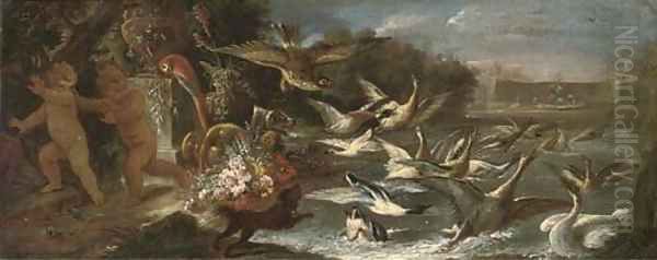 An eagle attacking ducks in a pond with putti escaping in an Italianate garden - view 1