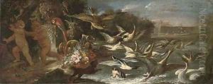 An eagle attacking ducks in a pond with putti escaping in an Italianate garden by Baldassare De Caro