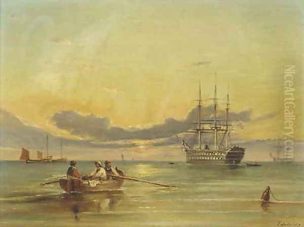 A screw two-decker lying at anchor at dusk - view 1