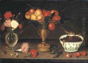 Peaches and plums in a tazza and a finch eating blackberries from a porcelain bowl by Francesco Codino