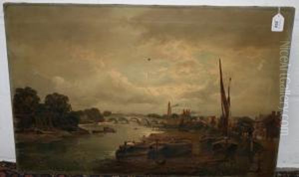 River View Old Kew Bridge With Barge At River's Edge - view 1