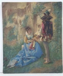A Gentleman Reading Prose To A Seated Lady Within A Garden Setting by J. Lewis