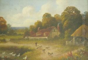 J H Lewis, Oil On 
Board,landscape With Shepherd, Sheep, Ducks In A Pond And Buildings, 
7insx 1ins