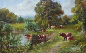 Landscape With Cattle On A River Bank With Further Cattle In The River And Beyond by J. Lewis