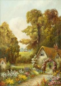 Cottage And Garden In A Wooded Landscape by J. Lewis