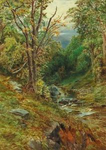 A wooded river landscape by Herbert Moxon Cook