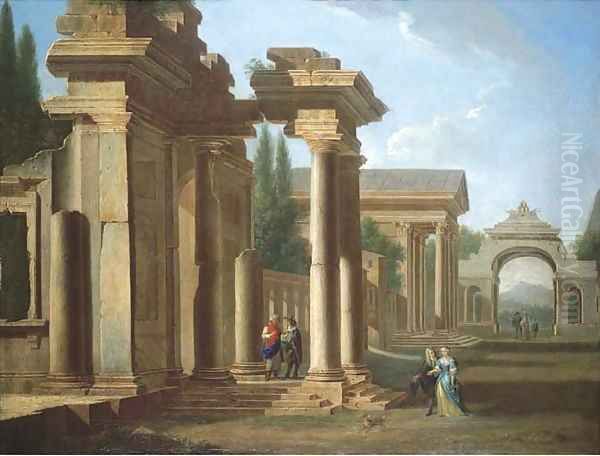 A capriccio of classical ruins with elegant figures promenading - view 1