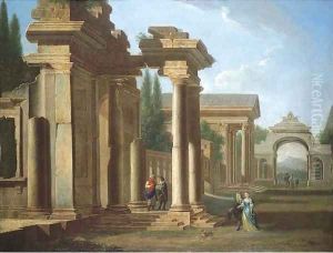 A capriccio of classical ruins with elegant figures promenading by Niccolo Codazzi