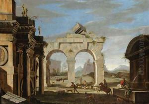 A classical capriccio with a hunting party and shepherds with their flock by Niccolo Codazzi
