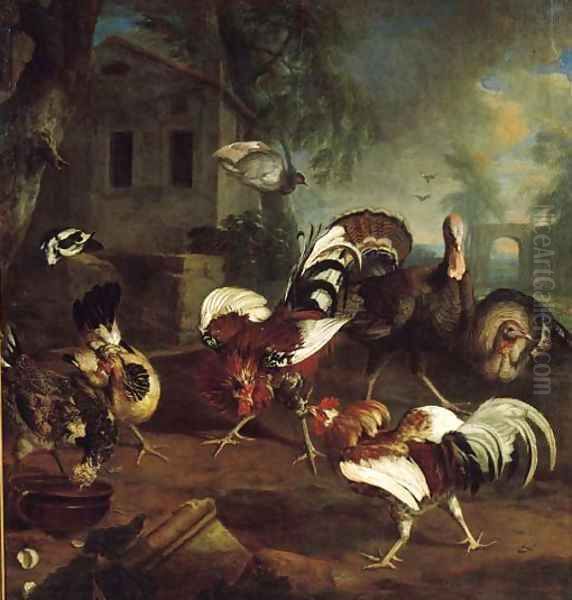 Cocks, chickens and turkeys with pigeons flying above on a yard by a mansion - view 1
