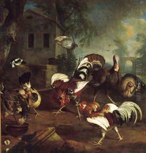Cocks, chickens and turkeys with pigeons flying above on a yard by a mansion by Peter Caulitz