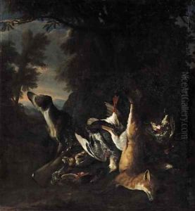 A hound watching a dead red fox by Peter Caulitz