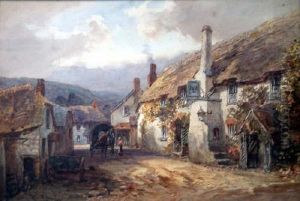 Village With Horsecart And Thatched Inn Signed 14.5 X 21in by Alfred Leymann