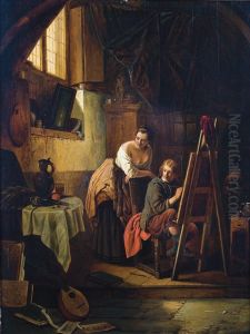 Vrouw En Schilder In Het Atelier by Henri Leys
