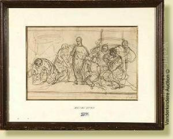 Lechrist Au Milieu De Ses 
Apotres, Fusain Sur Papier (esquisse).attribue A Henri Leys. Ecole 
Belge. Dim.: 25x37cm - view 1