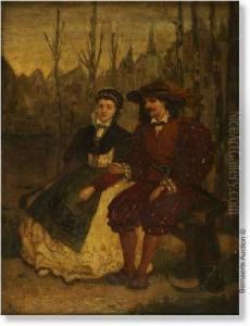 Couple Seated On A Bench With A
City In The Background. Panel (mahogany). Signed H Leys. Nice Frame From
The Period In Gilt Wood. by Henri Leys