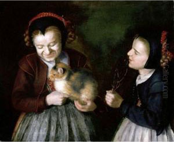 Portrait Of Two Young Girls, One Holding A Cat The Other Holding A Piece Of Coral - view 1