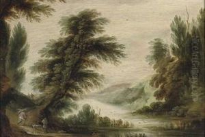 A Wooded River Landscape With Travellers And A Faggot Gatherer by Gijsbrecht Leytens