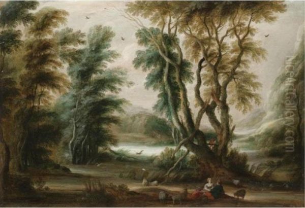 A Wooded River Landscape With A Shepherd And Shepherdess Resting Their Flock - view 1