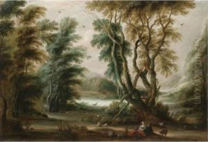A Wooded River Landscape With A Shepherd And Shepherdess Resting Their Flock by Gijsbrecht Leytens