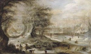 A Winter Landscape With Hunters
On A Forest Track And Children Playing On A Frozen River, Villages
Beyond by Gijsbrecht Leytens