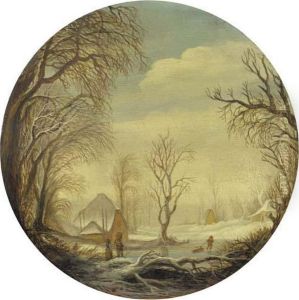 A Winter Landscape With Figures On The Ice, A Farm Beyond by Gijsbrecht Leytens