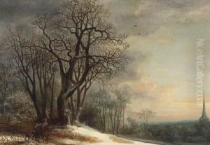 Travellers On A Snowy Path Overlooking A Valley by Gijsbrecht Leytens