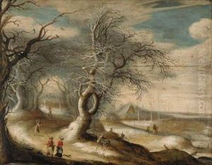 A Winter Wooded Landscape With Faggot-gatherers And Peasants Onpaths by Gijsbrecht Leytens
