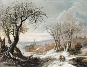 A Winter Landscape With Peasants, A Village Beyond by Gijsbrecht Leytens