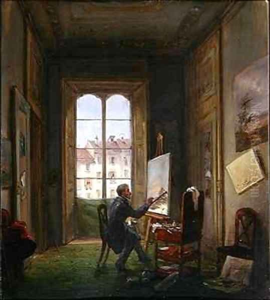 The painter Giuseppe Canella at work on a canvas in his studio - view 1