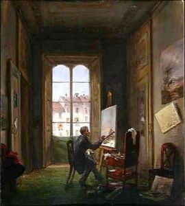 The painter Giuseppe Canella at work on a canvas in his studio by Carlo Canella