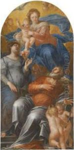 An Altarpiece With The Madonna
And Child Enthroned Flanked Bysaints Apollonia And Bartholomew by Pietro Liberi