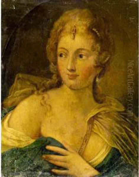 Portrait Of A Lady, Head And
Shoulders, Wearing A White Chemise And A Blue Shawl, With Pearls In Her
Hair - view 1