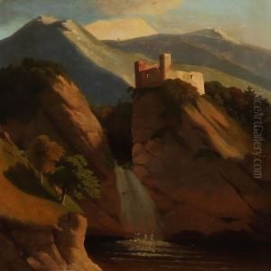 Mountain Landscape With A Waterfall And Ruin by Georg Emil Libert